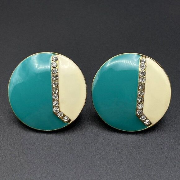 Yellow Gold with Teal and White Enamel and White Diamond Crystal Post Earrings - Picture 2 of 8